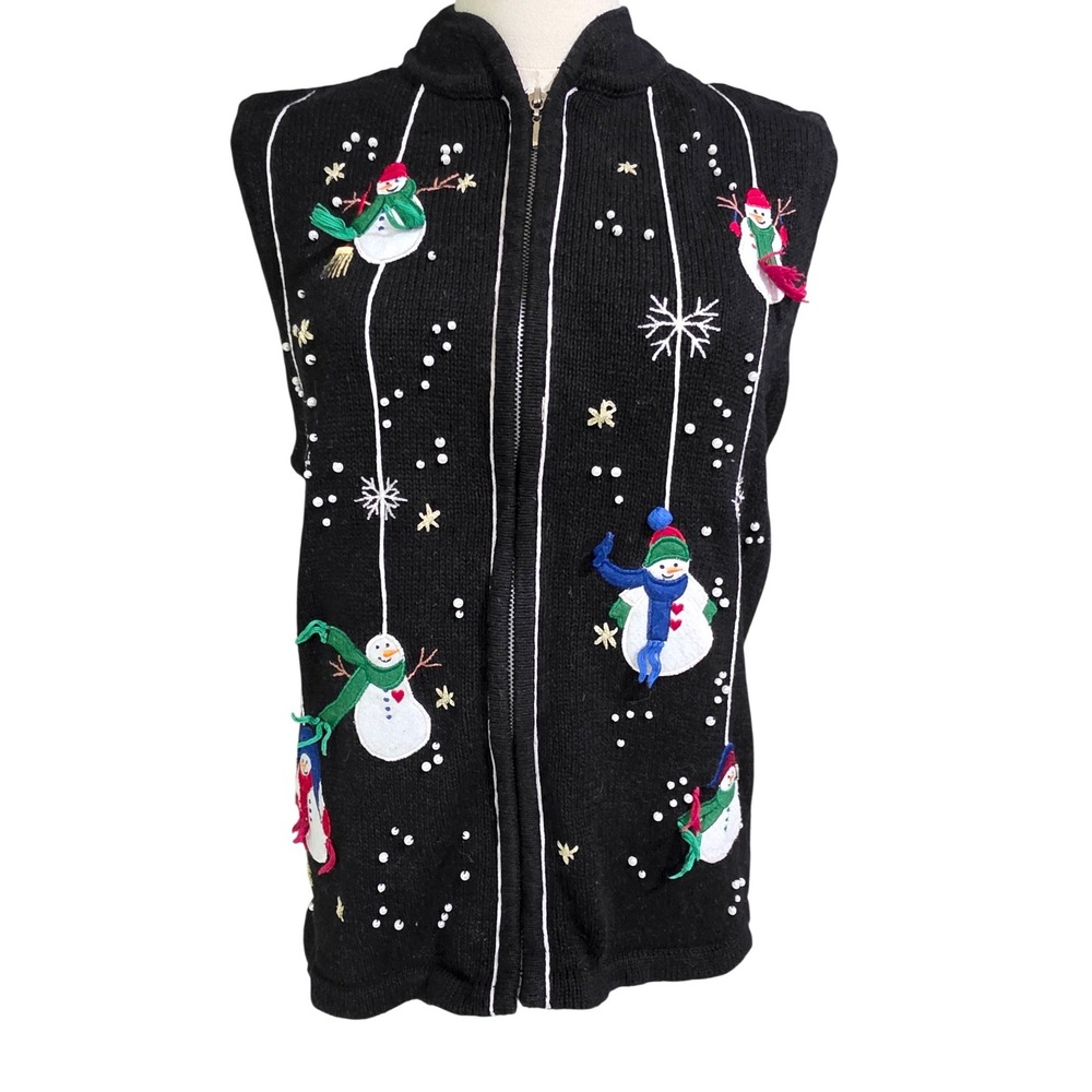 Pappagallo Snowman Embroidered Zip Front Sweater Vest Womens M Black Excellent
